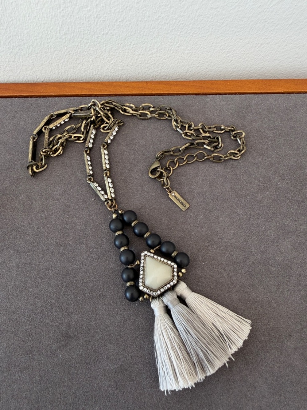 BaubleBar Long Layered Tassel Statement Necklace – Black Beads, Crystal Accents,